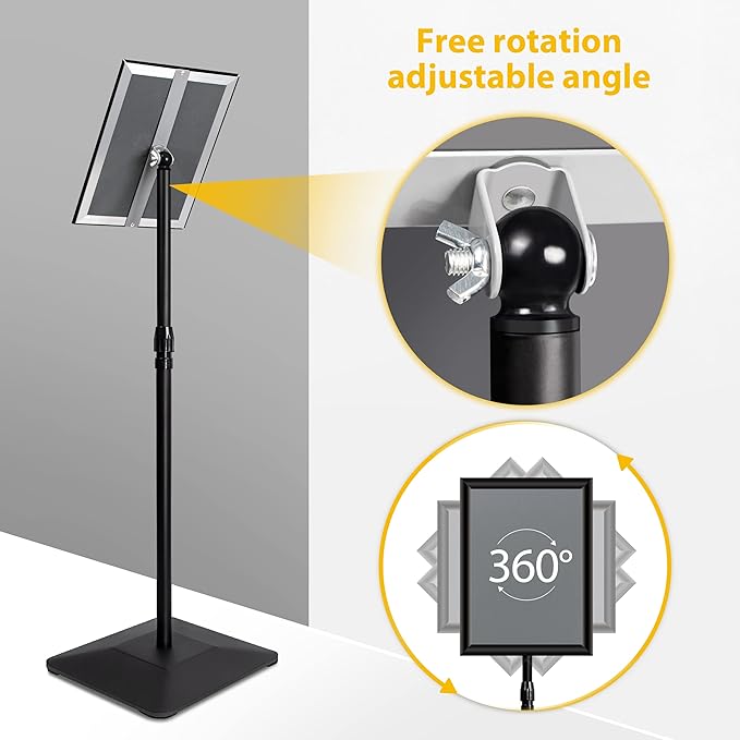 8.5"x11" Pedestal Poster Holder Stand with Heavy Duty Solid Steel Base, Adjustable Floor Standing Sign Holder for Vertical and Horizontal View, Super Stable Display, Black
