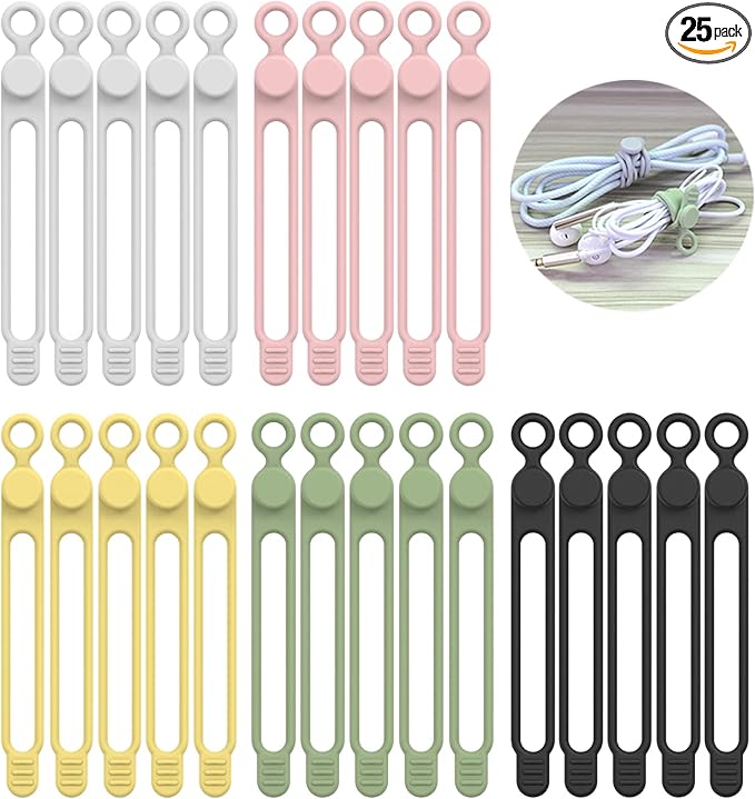 [25Park]UMUST Silicone Cable Ties,Reusable Cable Management Organizer,Cable Straps,Cord Ties,Multipurpose Elastic Cord Organizer for Bundling and Fastening Cable Cords Wires(Multi -colored)