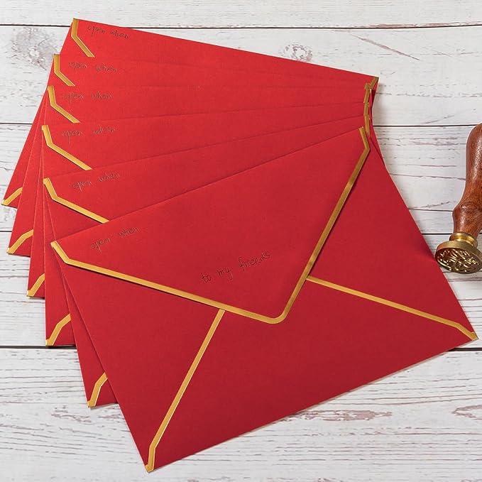 100 Pack Red A7 Envelopes 5 x 7 Card Envelopes with Gold Border for Office, Wedding Gift Cards, Invitations, Graduation, Baby Shower, Parties (5.32 x 7.28 Inches)