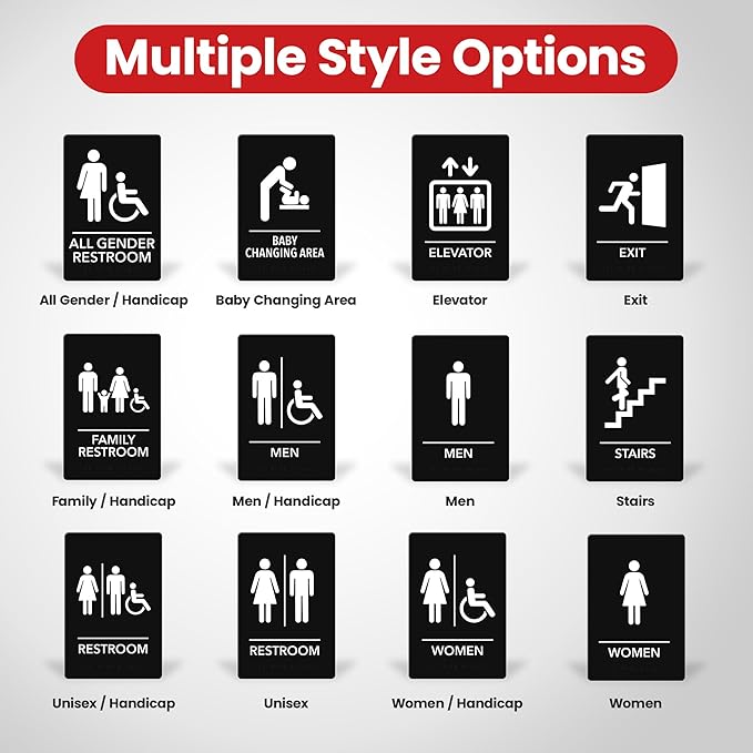 Promot All Gender Handicap Bathroom Sign – ADA Braille Restroom Sign for Business, Self-Adhesive, 9" x 6", Commercial Door Signage, Office Wall Decor - Black