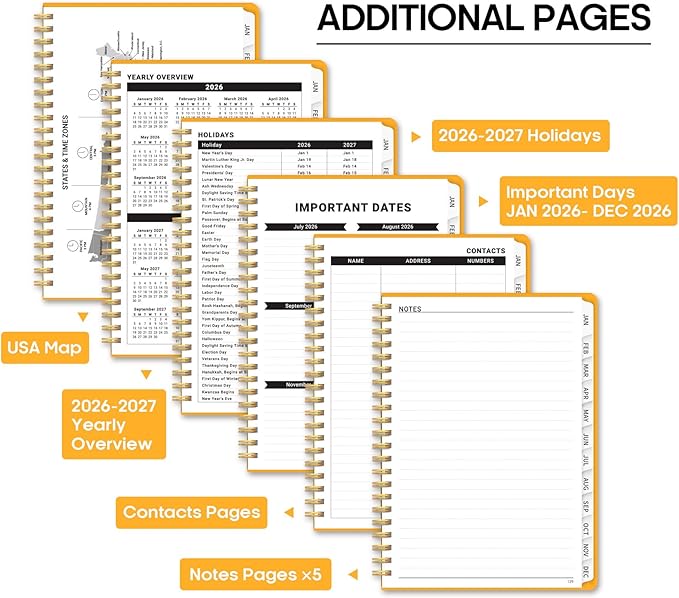 2026 Planner, Weekly and Monthly Calendar Planner Book, January 2026 - December 2026, Hardcover Spiral Planner with Monthly Tabs, Notes Pages, Perfect for Women & Men, A5 (6.4" x 8.5") - Yellow