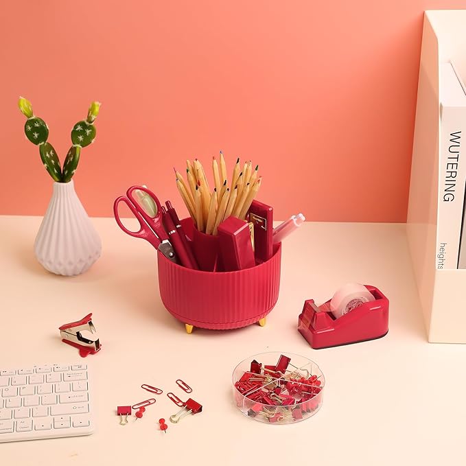 SKYDUE Red Office Supplies Set, Pencil Holder for Desk, Stapler, Tape Dispenser, Scissors,Clips and 1000pcs Staples, Office Decor for Women, Red Desk Accessories