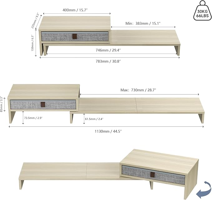 Fenge Computer Monitor Riser Stand with Drawer for 2 or 3 Monitors ,Adjustable Length and Angle Desktop Laptop Stand,Office Organizer,Printer,Oak