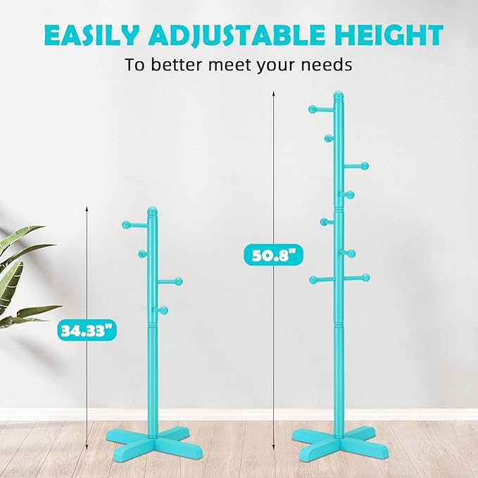 Kids Coat Rack, Freestanding Coat Racks with 8 Hooks 2 Adjustable Height, Tree Coat Rack for Bedroom, Hallway, Entrance, Office, Hats, Handbags,Purse (Blue)