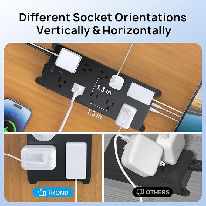 TROND Power Strip Surge Protector, 4000J, ETL Listed, 10 Widely Spaced Outlets with 2 USB A and 2 USB C, Flat Plug 5ft Extension Cord, Wall Mountable, 14AWG Heavy Duty, for Home Office Garage, Black