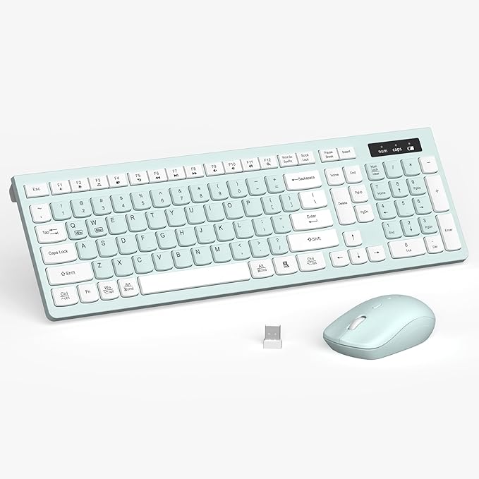 Wireless Keyboard and Mouse Combo, Full-Sized Wireless Keyboard and Adjustable DPI Mouse, 2.4GHz USB Receiver, Keyboard and Mouse for PC, Windows, Desktop, Laptop (Mint Green and White)