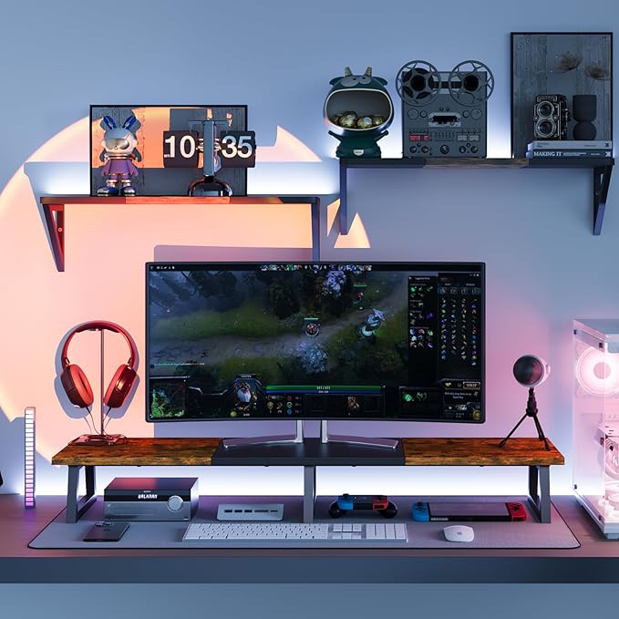 TEAMIX 42 inch Large Dual Monitor Riser, Extra Long Monitor Stand Riser Wide TV Stand Riser Monitor Stand for 2 Monitors Wood & Steel Desktop Riser Desk Organization Home Office