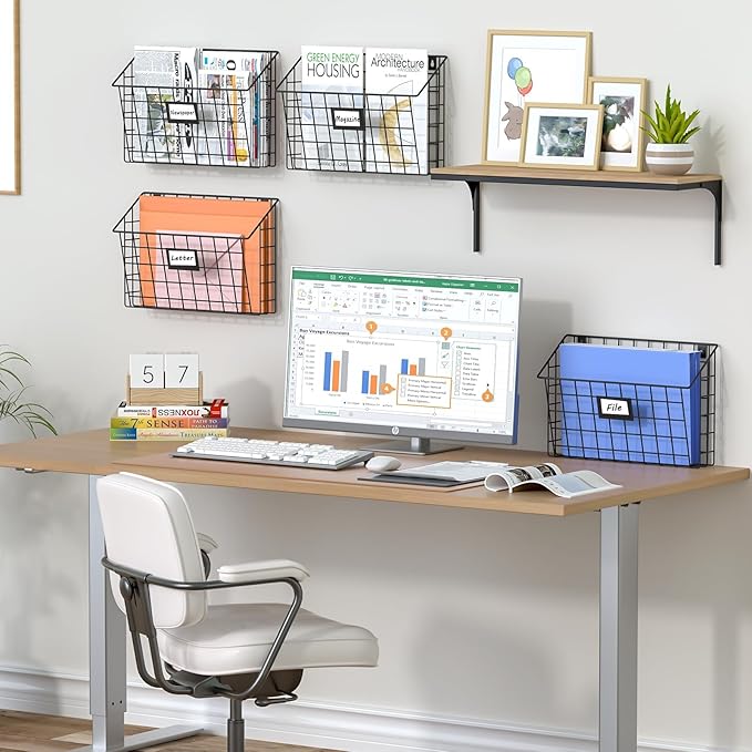 X-cosrack 4-Tier Hanging Wall File Holder Vertical Wall Mount Metal Wall File Organizer with Tag Slot Document Magazine Rack Mail Organizer for Office Home, Black