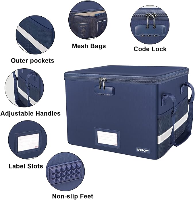 ENGPOW File Box with Lock, Fireproof Document Box with Pockets, Collapsible File Organizer Filing Storage Cabinet with Handle, Portable Home Office Safe for Hanging Letter/Legal Folders, Blue, 2 Pack