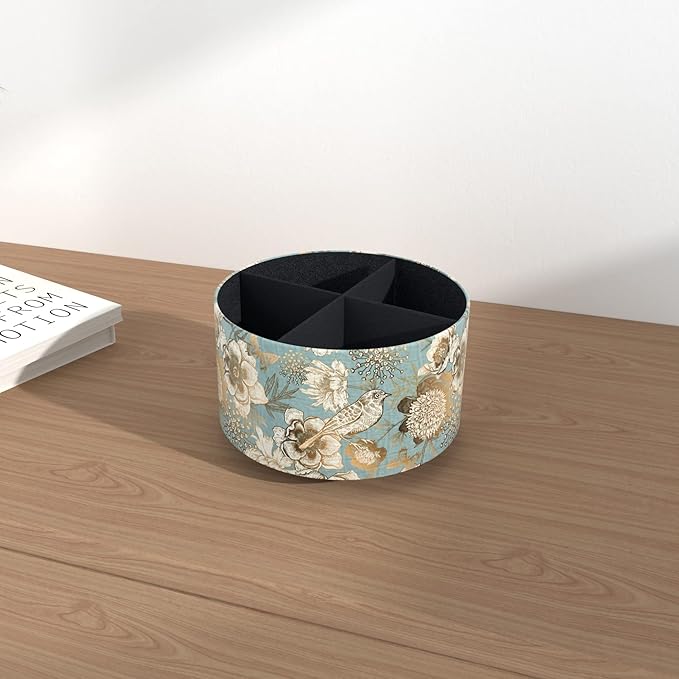 Hennaja Round Leather Art Supply Organizer,Remote Control Holder,360 Degree Rotating,Multi-Functional Pencil Holder,4 Compartments Desktop Stationary Organizer(1-Blue Bird)