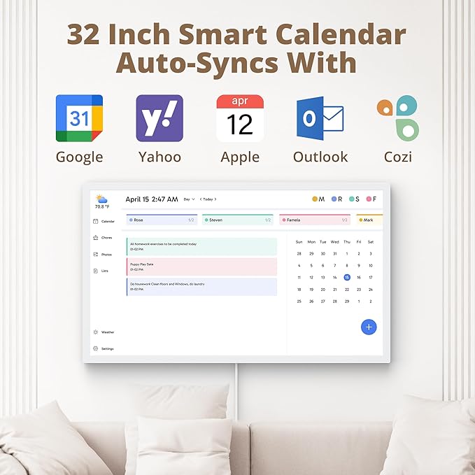 32" Digital Calendar Chore Chart – 1080P Full HD Interactive Touchscreen, Smart Family Planner, Hearth Display Digital Wall & Desk Mountable for Seamless Scheduling