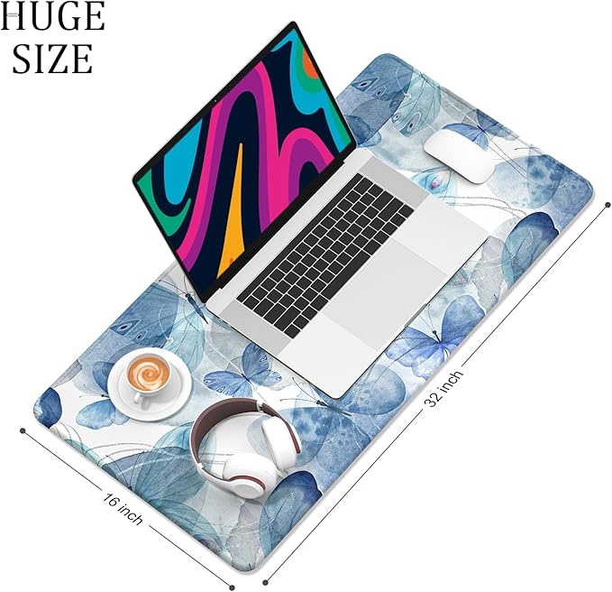 Desk Mat, 32" x 16" XXL Extended Large Gaming Mouse Pad, Desktop Decor Desk Pad, Cute Men Women Office Supplies and Accessories, XL Mouse Mat for Laptop & Keyboard, Blue Butterfly