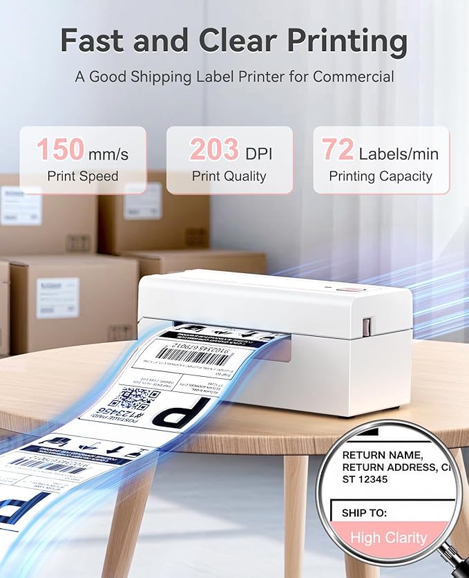 Bluetooth Thermal Label Printer, Wireless 4x6 Shipping Label Printer for Small Business, High-Speed Thermal Printer Compatible with Android, iOS & Windows for Amazon, Ebay, Shopify, USPS