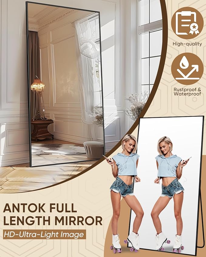Antok Full Length Mirror, 81"x41" Floor Mirror, Floor Standing Freestanding Full Body Mirror with Stand for Bedroom, Hanging Mounted for Living Room Cloakroom, Black