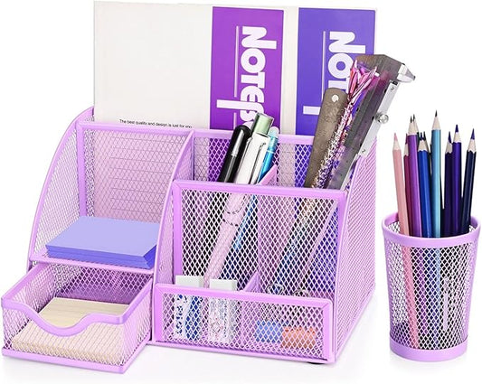 Flexzion Desk Caddy Organizer Set (Purple) - Metal Mesh Desktop Caddy with Drawers, 6 Compartments, and Pencil Holder for Women & Men - Desktop Organizer and Storage for Work or Office Supplies