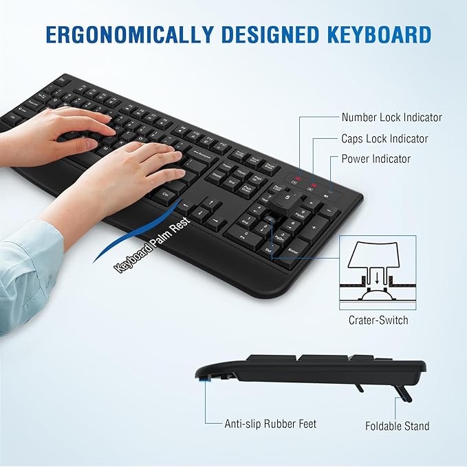 Wireless Keyboard and Mouse Combo, Full-Sized 2.4GHz Wireless Keyboard with Comfortable Palm Rest and Optical Mouse for Windows, Mac OS PC/Desktops/Computer/Laptops (8 Pack)