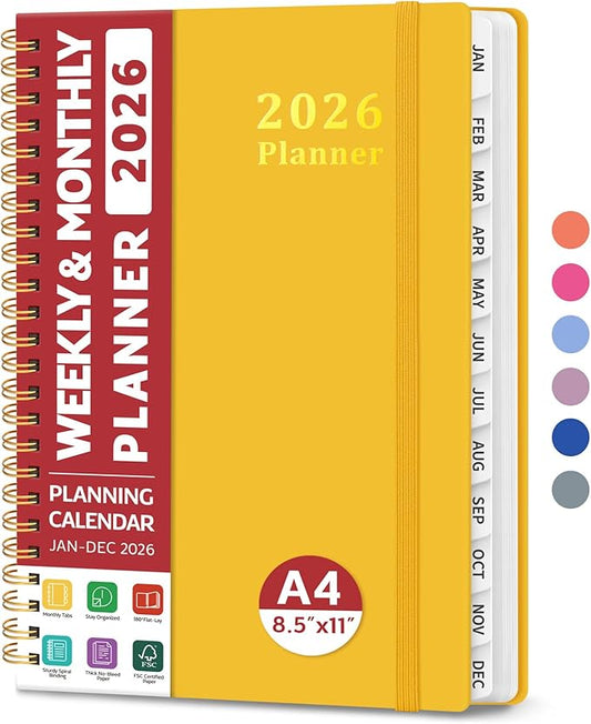 2026 Planner, Weekly and Monthly Calendar Planner, January 2026 - December 2026, Hardcover 2026 Calendar Planner Book with Tabs For Women & Men, Inner Pocket, Spiral Bound, Perfect for Office Home School Supplies - A4 (8.5" x 11"), Yellow