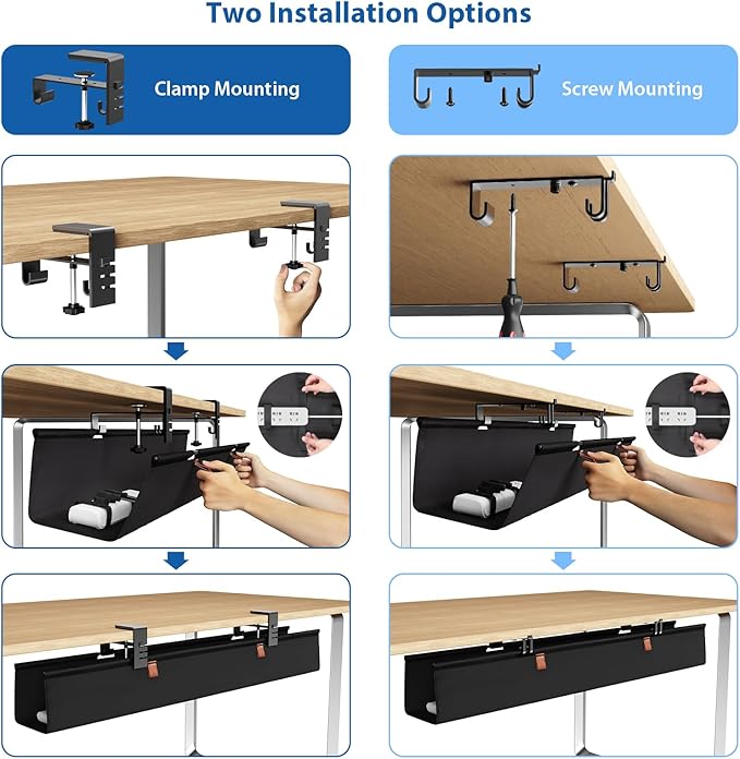 Zilink No Drill Under Desk Cable Management Tray 30" Cord Organizer for Table Clamp/Screw Mount Desk Cable Management Sturdy Waterproof Fabric Cord Hiders for Office, Home