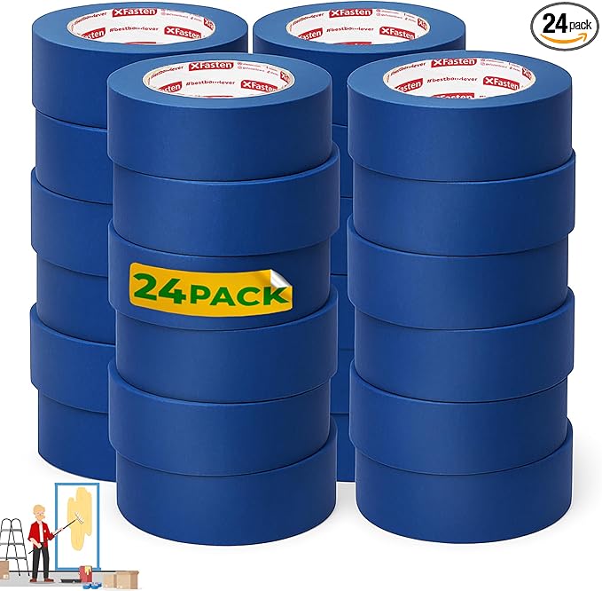 XFasten Blue Painter's Tape, 2 Inch x 60 Yards (24-Pack) Blue Painters Masking Tape Bulk - Sharp Edge Line Technology, Produces Sharp Lines | Residue-Free and Artisan Grade Wall Trim Tape