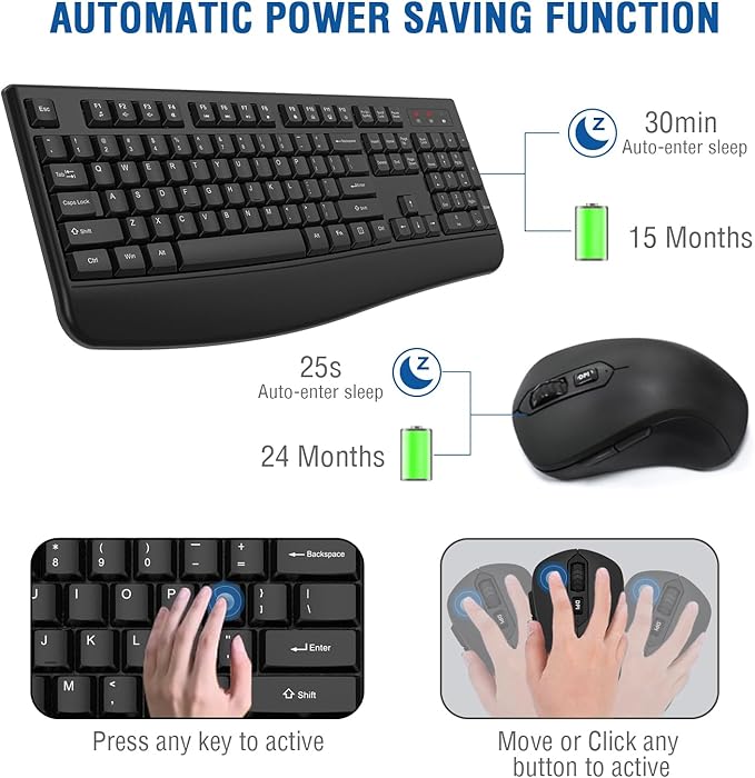 Wireless Keyboard and Mouse Combo, EDJO 2.4G Full-Sized Ergonomic Computer Keyboard with Wrist Rest and 3 Level DPI Adjustable Wireless Mouse for Windows, Mac OS Desktop/Laptop/PC(8 Pack)