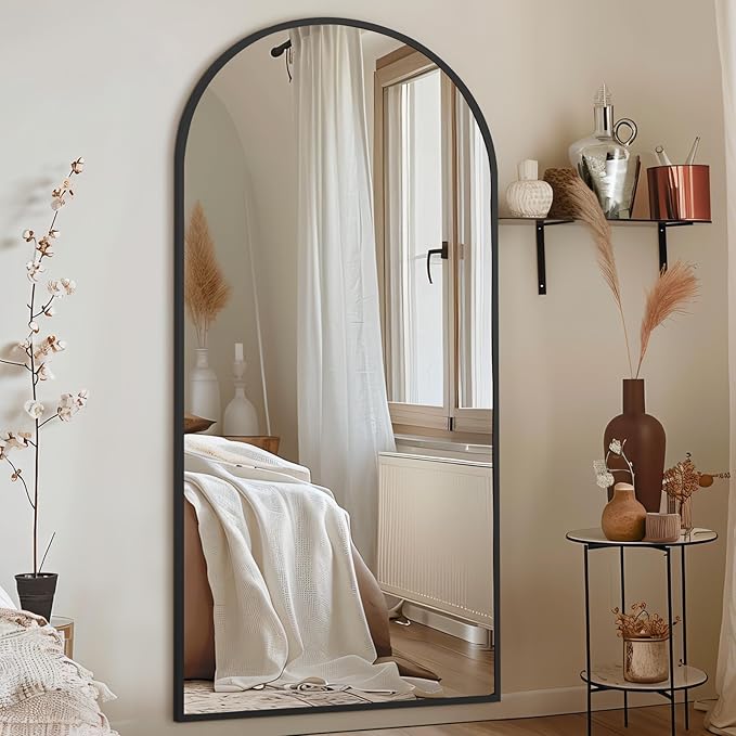 76"X34" Large Arched Floor Mirror Full Length with Stand, Black Hanging or Leaning Standing Full Length Mirror for Bedroom Living Room Gym, Full Body Mirror Wall Mounted, Tempered Glass