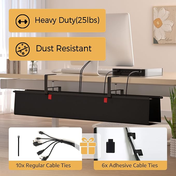 Under Desk Cable Management Tray - 36" Cord Organizer for Desk No Drill, Fabric Under Table Wire Organizer with 16X Cable Ties Hide for Office/Home, Cord Hider Fits Adapters & Sockets, Black
