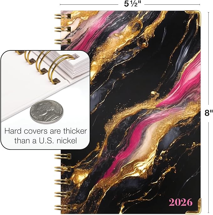 HARDCOVER 2026 Planner, 5.5"x8": 14 Months (November 2025 - December 2026), Daily Weekly Monthly Planner, Yearly Agenda, Bookmark, Pocket Folder and Sticky Note Set (Dark Gold Marble)