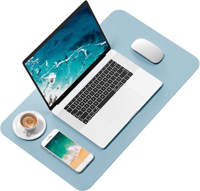 Hsurbtra Desk Pad, 23.6" x 13.8" PU Leather Desk Mat, M Extended Mouse Pad, Waterproof Desktop Blotter Protector, Non-Slip Ultra Thin Small Laptop Keyboard Writing Mat for Office Home, Lake Blue