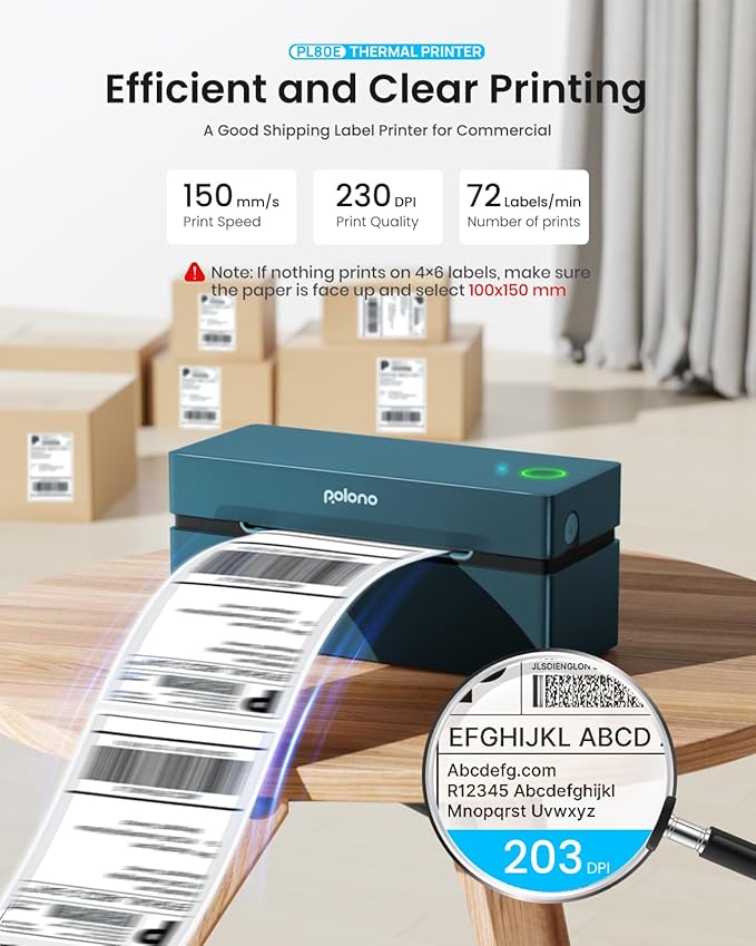 POLONO Bluetooth Thermal Shipping Label Printer, Wireless 4x6 Shipping Label Printer for Small Business, Support iOS, Android, Windows and Mac, Compatible with Amazon, Ebay, Shopify, 1 Pack (Blue)