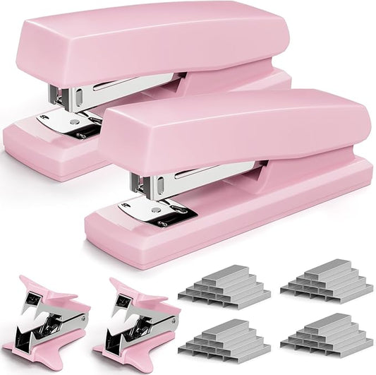 2 Pack Pink Office Staplers, 25-Sheet Capacity with 4000 Staples and 2 Staple Removers, Desktop Stapler, Pink Office Supplies for Students and Office Clerks
