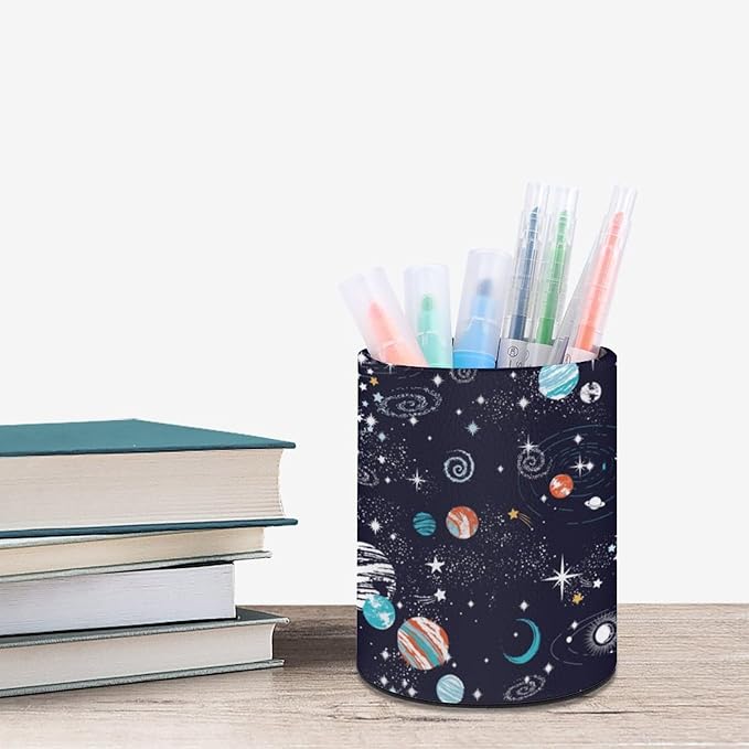 Galaxy Space Planets Pen Holder Pencil Organizer Cute Pencil Cup Desk Decor Makeup Brush Holder PU Multifunctional Office Suppliesfor Home Classroom School