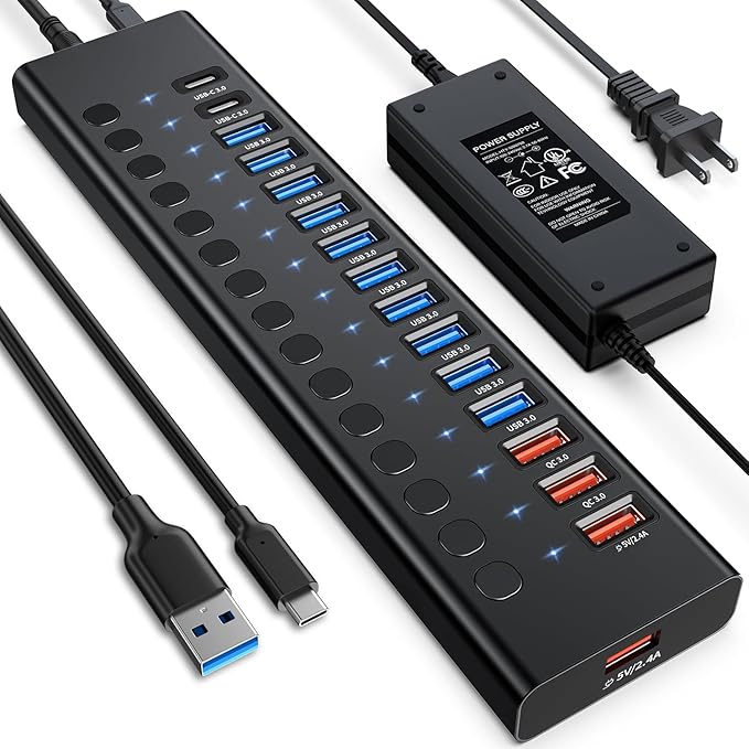 Powered USB 3.0 Hub, 16-Port USB C Hub Splitter (10 USB 3.0+2 QC 3.0+2 Smart Charging+2 USB-C 3.0) with Individual Switches, 12V 7.5A 90W UL Certified Power Adapter for Laptop, Mac, PC, Computer