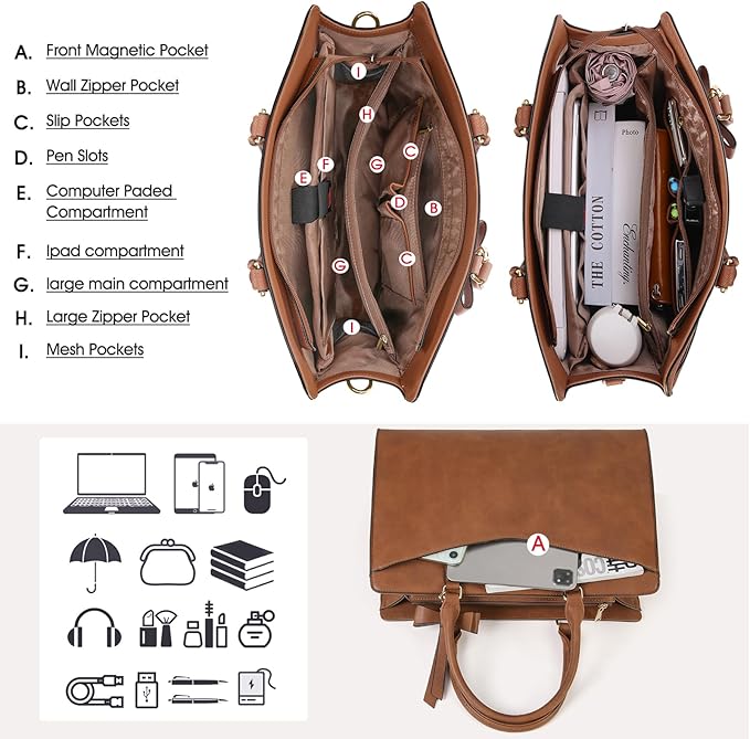 RAINSMORE Laptop Bag for Women 15.6 Inch PU Leather Laptop Tote Bag Professional Business Office Briefcase Waterproof Work Bag Computer Tote Bag Large Lightweight Handbag Shoulder Bag