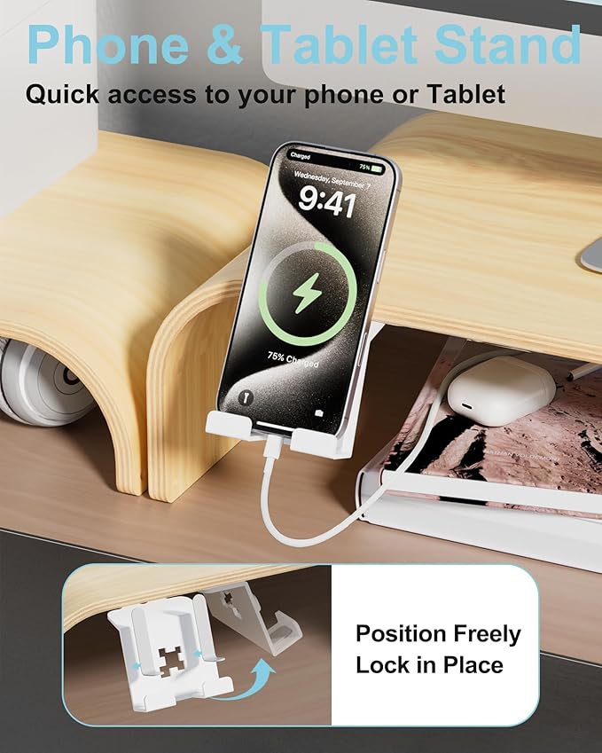 Solid Wood Dual Monitor Stand Riser 2 Tier, 24.1 Inch Desktop Organizer with Phone Holder, Ergonomic Computer Stand, Multifunctional Desk Shelf for Laptop, PC, Printer, Supports Up to 110lbs