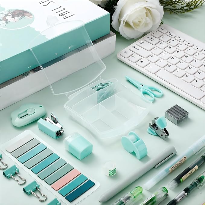 Colarr Mini Office Supply Kit Includes Stapler Tape Dispenser Staple Remover Paper Clips Scissor Staples Pen Sharpener Note Small Telescopic Knife for Office and School Clerk Student (Green)