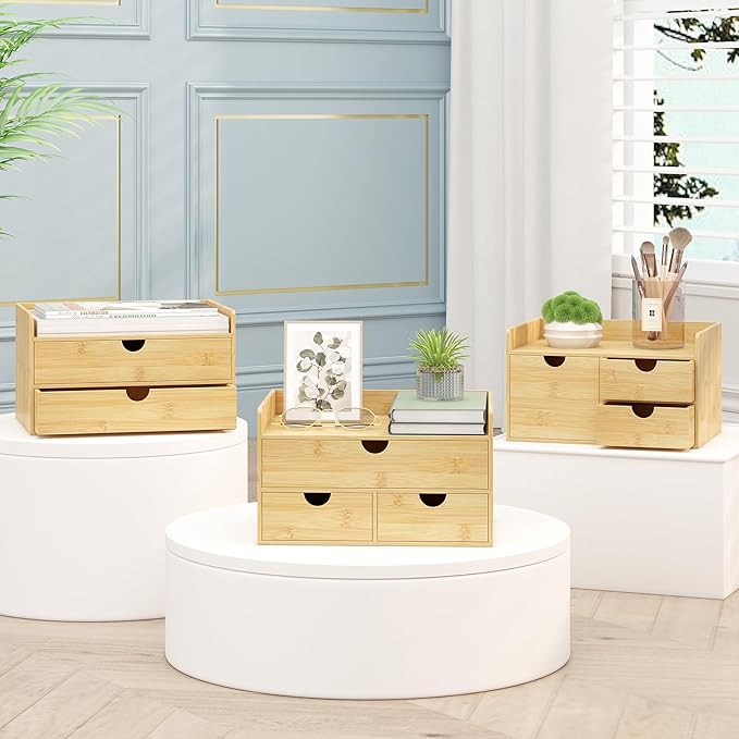 Desk Organizer with Drawers - Bamboo Desktop Organizer Storage | Wood Desk Drawers Organizer for Bills, Office Supplies, Cosmetics, Seals No Assembly Required (3 Drawer with Big Drawer)