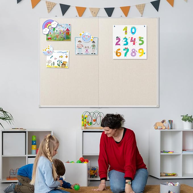 Double-Sided Large Cork Board with Linen, 48" x 36" Foldable Hanging Aluminum Framed Bulletin Board, Vision Board Pin Board Corkboards for Walls, Office, School Decor, 20 Pushpins