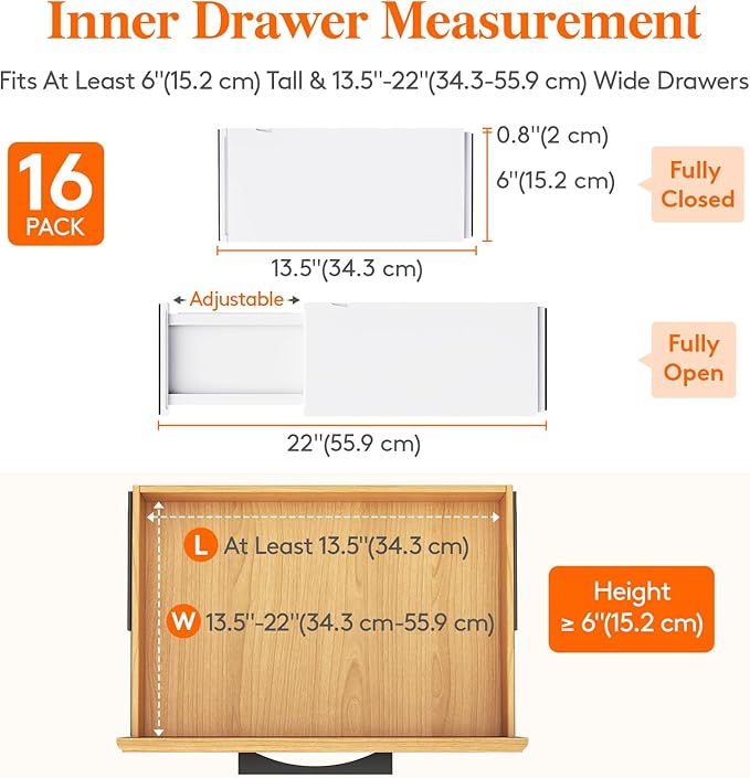 Lifewit 16 Pack Drawer Dividers Plastic 6" High, 13.5-22" Adjustable Drawer Organizers for Clothes, Expandable Dresser Separators in Bedroom/Bathroom/Kitchen/Vanity/Office Organization and Storage