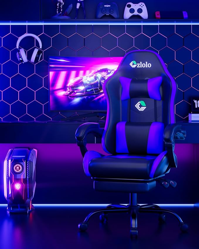 Gaming Chair, Ergonomic Office Computer Chair with Footrest and Lumbar Support Massager Racing Style High Back Video Gamer Chair, Wide＆Thick Cushion, 90°-135° Recline, Adjustable Height, Blue