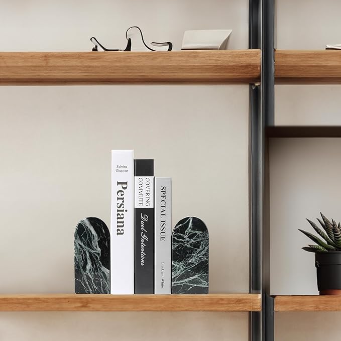 Koville Italian Natural Marble Bookends for Shelves, Decorative Book Ends, 7lbs Heavy-Duty Marble Book Holders, Bookshelf Apartment Decor for Normal Books/CD/Video Games(Verde Remeggiato)