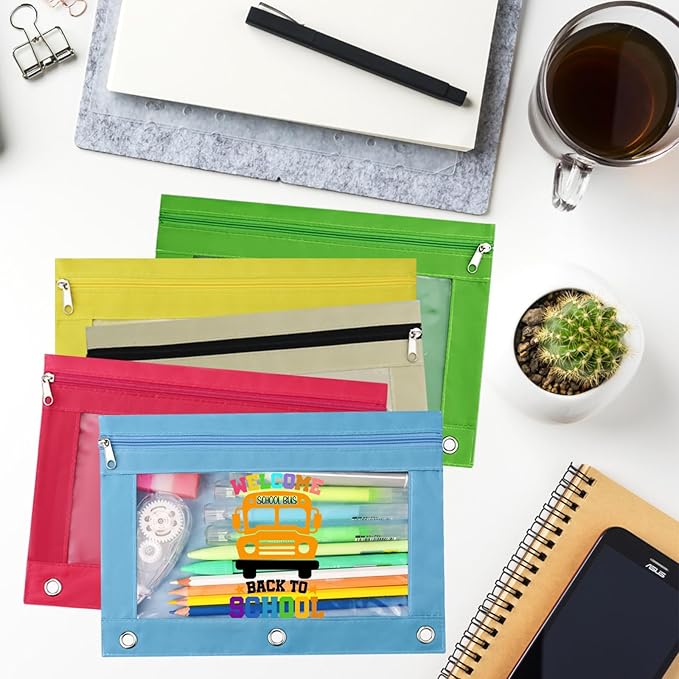 Pencil Pouch for 3 Ring Binder, School Bus Back to School Cartoon Pattern Zipper Pencil Case Bag with Clear Window