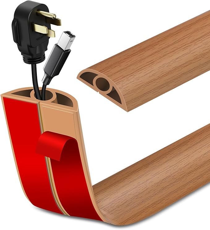 Floor Cord Cover Self Adhesive Cord Hider Floor Extension Cord Covers for Floor Power Cord Protector Cable Management Prevent Cable Trips Cable Cavity 0.32" W x 0.32" H (Light Brown Wood, 20Ft)