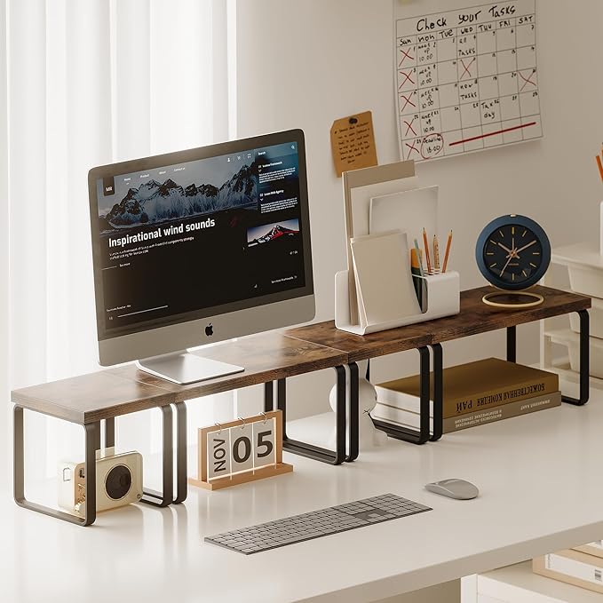 2 Sets Wooden Desktop Organizer Shelf, 2-Tier Adjustable Freestanding Bookshelf Desk Shelf, Stackable Desk Organizer for Office, Dorm, Bedroom, Space Saving, Easy Assembly, Rustic Brown (2 Pack)