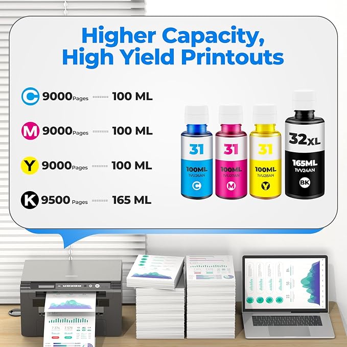 31 Ink 32XL Black Ink Bottle Set, Smart Tank 5101 7602 6001 651 Ink RefillCompatible with HP 31 32XL Ink Bottle Set for Smart Tank 7602 5101 5000 651 5103 6001 7301 7302 7001 5102 7006 7002 Printers