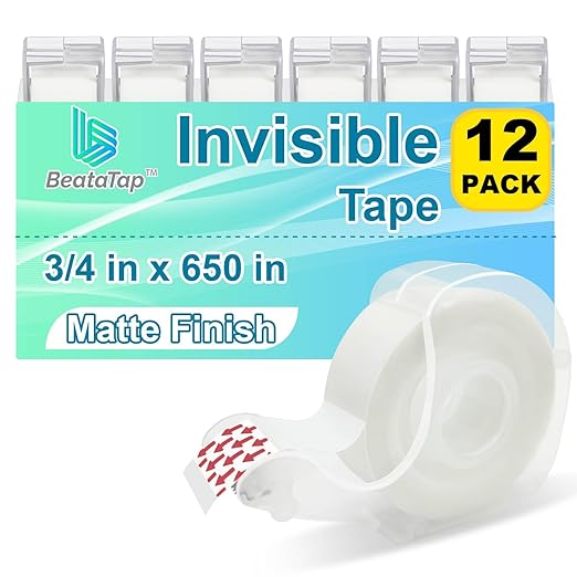 Tape Bulk, Clear Tape, Invisible, Matte Finish, Writable, 3/4 in x 650 in, Transparent Tape, 12 Rolls with Dispensers, Ideal for Gift Wrapping, School Supplies & Office Use