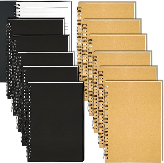 12Pack Small Spiral Notebook A5, 8.25x5.5” 120 Lined Pages Black & Brown Wide Ruled Spiral Journal Bulk Blank Kraft Cover Spiral Bound Notebook & Writing Pads for Home Office Meeting Work Note Taking