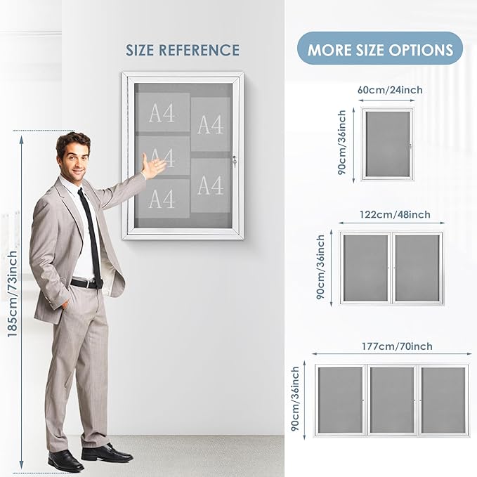 Outdoor Bulletin Board Weatherproof 48x36 in,Enclosed Bulletin Board with Locking Door, Wall Display Case for Office School Home Commercial, Silver Aluminum Frame, Gery Felt