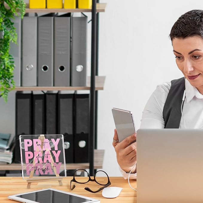 Pink Office Desk Accessories Acrylic Decor Sign, Dorm Room Decor for Women, Inspirational Christian Gifts- Pray on It- Bible Verse Desk Art, Include A-Shaped Wood Display Easel