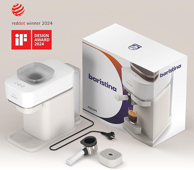 Philips Baristina Espresso Machine, Grind, Tamp & Brew Coffee Beans in One Swipe, Compact, 16 Bar Pump Pressure, Automatic Grinder, Natural White with White Portafilter (BAR300/00)