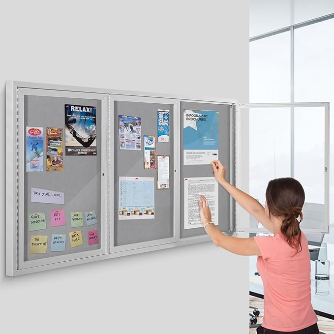 SWANCROWN Outdoor Bulletin Board 94x48in, Enclosed Bulletin Board with Locking Door for Office School Commerce, Grey Felt, Sliver Aluminum Frame